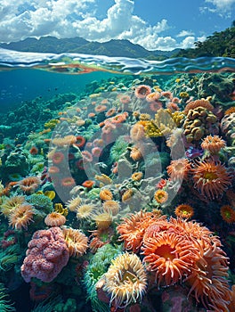 A vibrant coral reef teeming with marine life