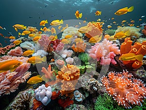 A vibrant coral reef teeming with marine life