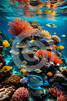 A vibrant coral reef teeming with marine life, featuring colorful fish,