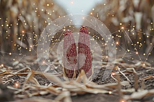 Vibrant corn cobs thriving in a lush corn plantation field under a clear blue sky.