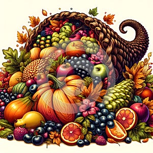 Vibrant cornucopia overflowing with autumn harvest fruits and vegetables.