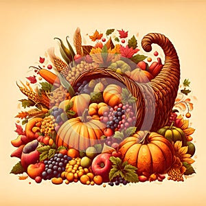 Vibrant cornucopia overflowing with autumn harvest fruits and vegetables.