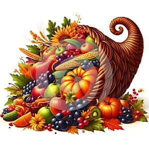 Vibrant cornucopia overflowing with autumn harvest fruits and vegetables.