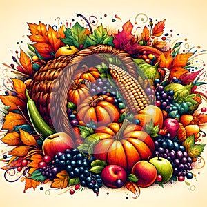 Vibrant cornucopia overflowing with autumn harvest fruits and vegetables.