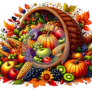 Vibrant cornucopia overflowing with autumn harvest fruits and vegetables. AI