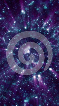 Vibrant cosmic starburst with purple and blue glowing particles radiating into deep space