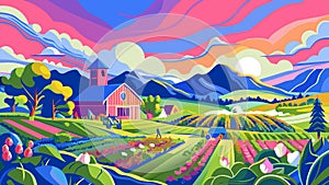Vibrant Countryside Landscape with Farmhouse and Blooming Fields vector
