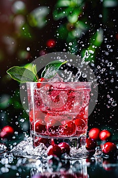 Vibrant Cranberry Cocktail Splash with Ice and Fresh Berries