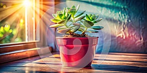 A Vibrant Crassula Succulent in a Pink Pot Basking in Windowsill Sunlight and Casting Delightful Shadows A CloseUp photo