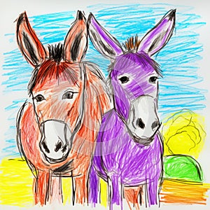 Vibrant Crayon Drawing Of Two Donkeys In The Style Of Nikon D750 photo