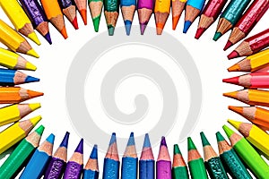 Vibrant creativity colorful crayons frame border on a white background