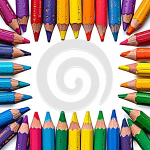 Vibrant creativity colorful crayons frame border on a white background