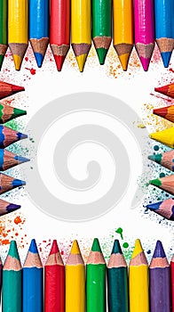 Vibrant creativity colorful crayons frame border on a white background