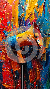 Vibrant creativity and communication concept with a colorful megaphone amidst splashing paint on an abstract dynamic