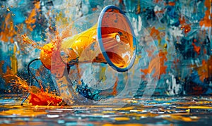 Vibrant creativity and communication concept with a colorful megaphone amidst splashing paint on an abstract dynamic