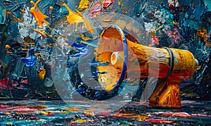 Vibrant creativity and communication concept with a colorful megaphone amidst splashing paint on an abstract dynamic