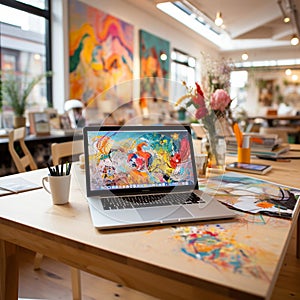 Vibrant Creativity: Silver Laptop Surrounded by Colorful Artistic Elements in Modern Office
