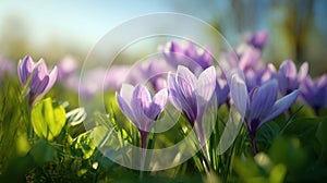 The vibrant crocus flowers blooming in sunlight during springtime. AI generated image