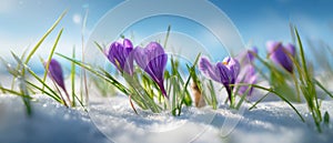 The vibrant crocus flowers emerging from the snow in early springtime. AI generated image