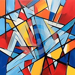 Vibrant Cubist Abstract Art: Fractured Perspectives In Red, Yellow, Blue, And White