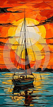 Vibrant Cubist Sailboat Painting With Sunset And Beneteau 36.7 photo