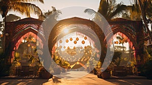 Vibrant Cultural Festival Decorations: Ornate Fabrics, Bamboo Archway, and Tropical Paradise