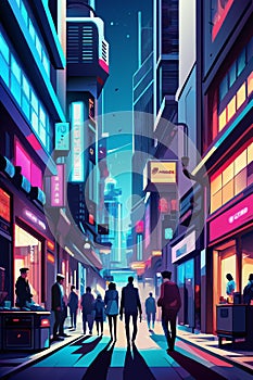 Vibrant Cyberpunk Cityscape with Neon Lights and Pedestrians