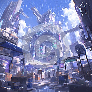 Vibrant Cyberpunk Umbrella Market Amid Rainy Cityscape