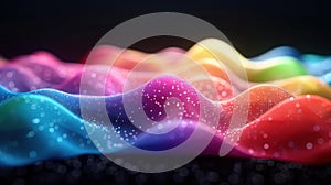 Vibrant 3D data models on black base, colorful wireframe mesh representing complex data subjects. Data visualization concept