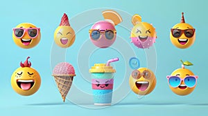 Vibrant 3d emoji collection showcasing joyful expressions on soft solid colored background photo