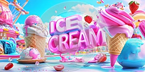 Vibrant 3D ICE CREAM Scene with Colorful Cones and Sprinkles photo