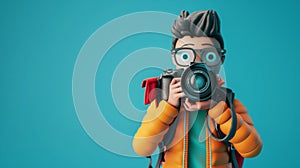 Vibrant 3d illustration of a cartoon photographer capturing moments with a sleek, professional camera, featuring playful photo