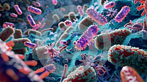 Vibrant 3D Render of Bacteria and Viruses in a Microscopic World