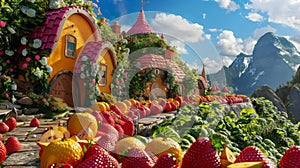 Vibrant 3d render depicting fruit shaped houses in a picturesque village setting photo