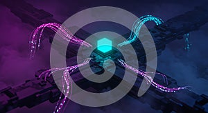 Glowing cube processing digital data flow