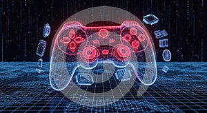 Futuristic Wireframe Game Controller with Neon Glow