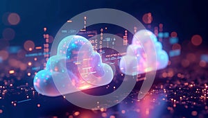 A vibrant 3D-rendered concept of data files transferring between two digital cloud icons, surrounded by glowing binary code and