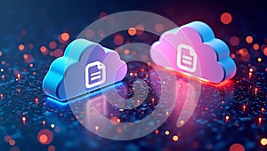 A vibrant 3D-rendered concept of data files transferring between two digital cloud icons, surrounded by glowing binary code and