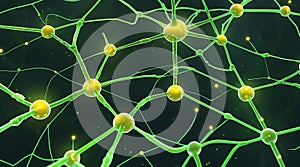 Dynamic representation of a complex neural network, illustrating interconnected brain cells and data transmission