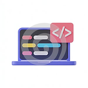Coding and Programming Concept: 3D Laptop with Code Icon