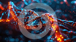 Digital DNA Strand Visualization with Binary Code Overlay, Modern Science Technology