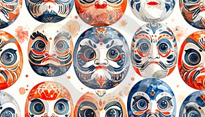 Vibrant Daruma Dolls Watercolor Pattern
