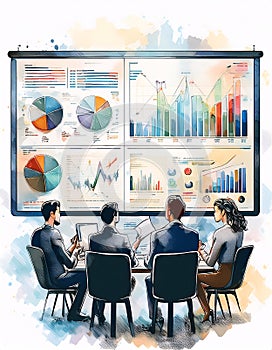 Vibrant data analysis meeting in progress with charts and graphs