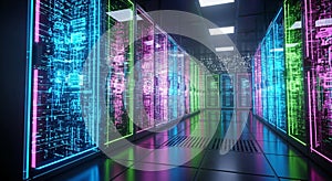 Data center server room hosting cloud computing technology information generated by ai