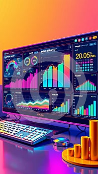 Vibrant data dashboard with futuristic analytics on desktop monitor