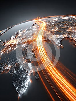 Visualization of Global Data Flow Over a Digital Map Illustrating Connectivity Across Continents