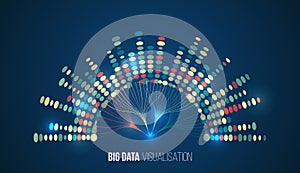 A vibrant data visualization concept showing multicolored nodes flowing in arcs, symbolizing complex data processing, digital photo