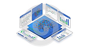 Vibrant data visualization with molecular structure and graphs on screens