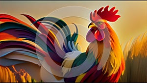 Vibrant Dawn: A Colorful Rooster at Sunrise