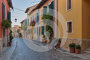 Vibrant Dawn in San Guiliano, Narrow Street with Colorful Houses and a Bicycle photo